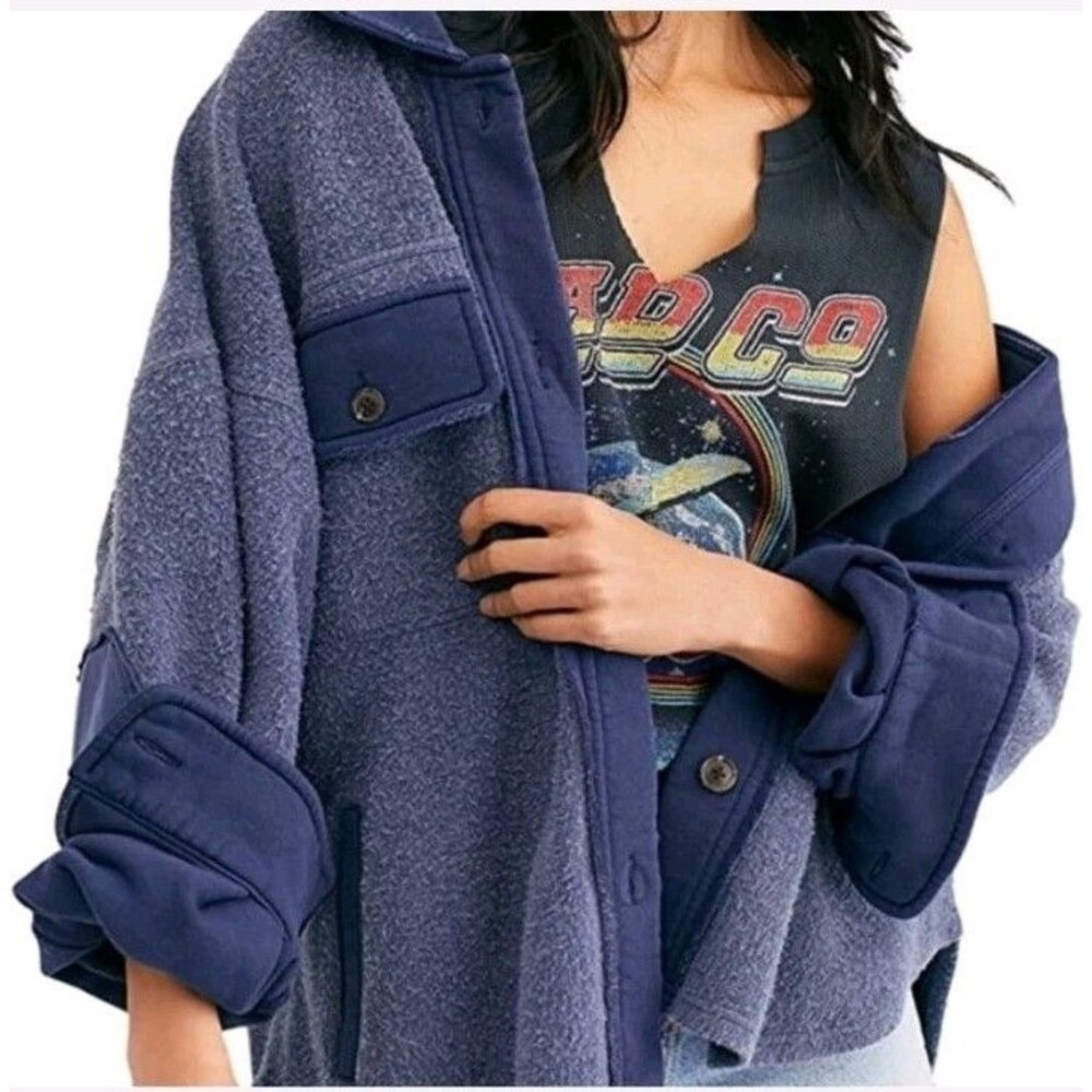 Free People Ruby Jacket Women Medium Blue Fleece Oversized Button Up Shacket
